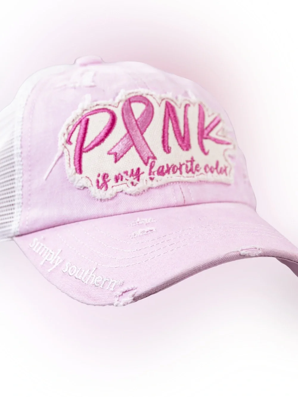NEW Simply Southern Pink Ribbon Distressed Trucker Cap - Light Pink & White